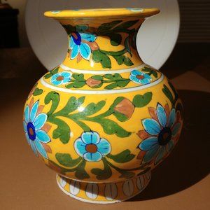 Jaipur "Blue" Pottery Vase -Bohemian  Vintage Yellow Hand-Painted Flowers